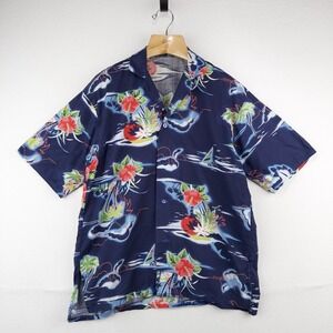 Hawaiian Aloha Large Shirt  Palm Trees Hibiscus Clouds Ocean Sailboat Tropical L